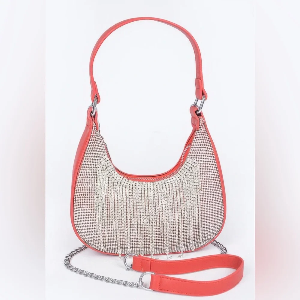 Hot Fix Stones Rhinestones Fringe Hobo Bag